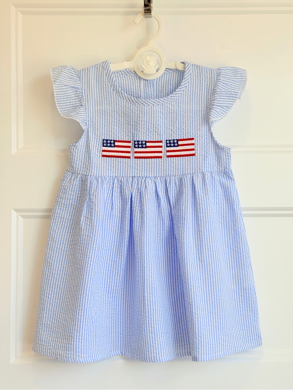 Blue Seersucker Girls' Flag Embroidered Dress